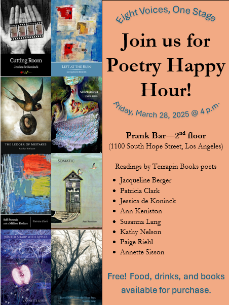 Poster for AWP Poetry Event 2025 at Prank Bar in Los Angeles featuring Terrapin Books poets