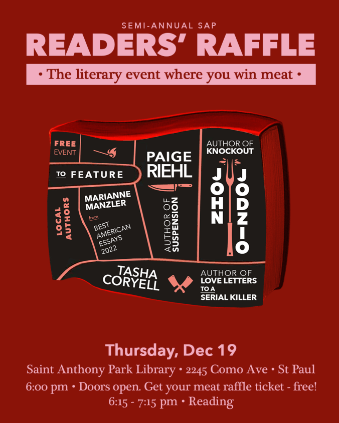 Poster for Readers Raffle reading event at St. Anthony Park Library, December 2024